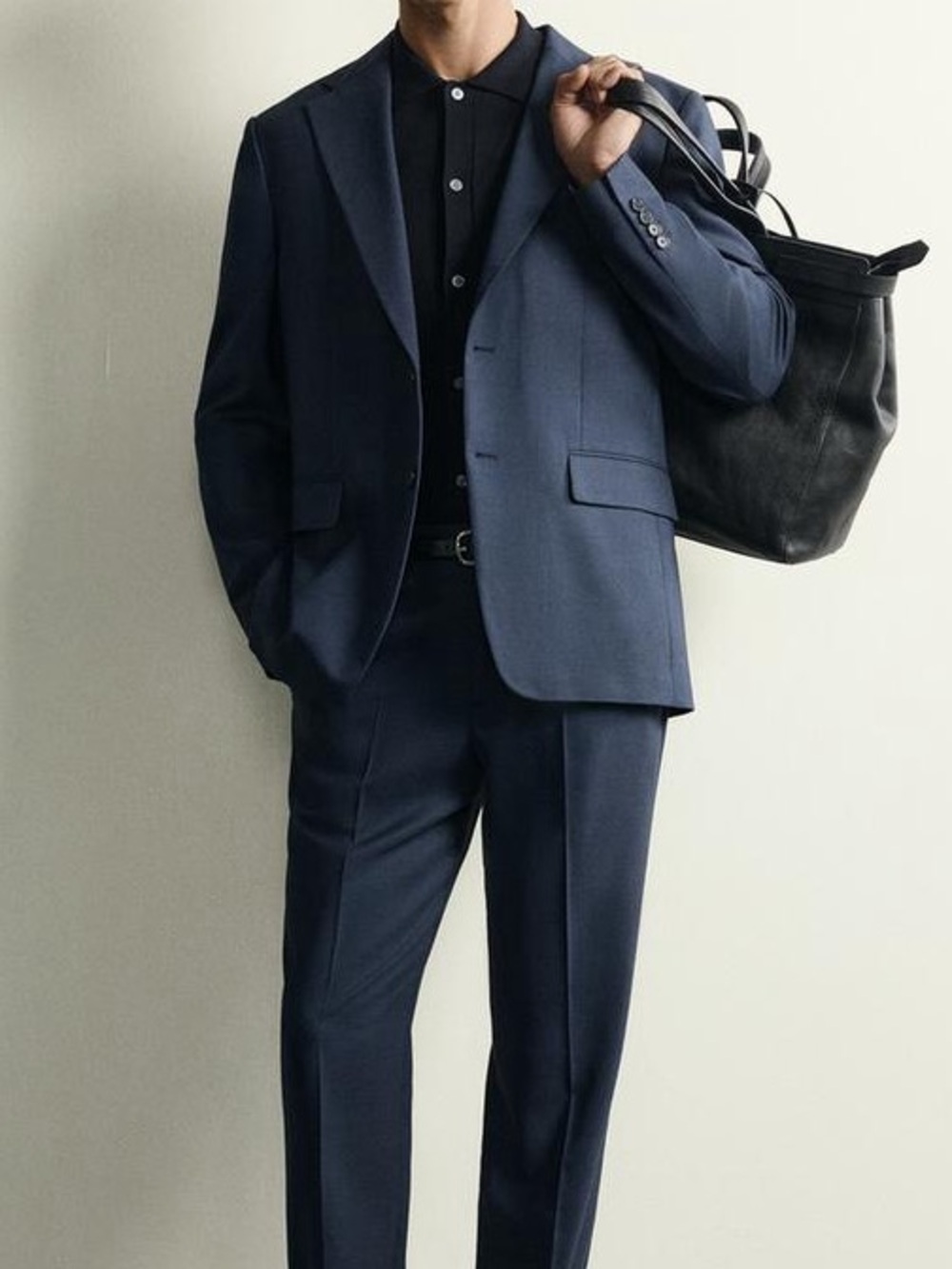 ZARA Men's Navy Textured Two-Button Blazer
